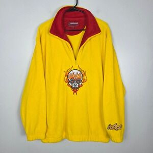 JNCO Jeans Yellow Fleece Pullover Big Flaming Skull Embroidered Mens XL